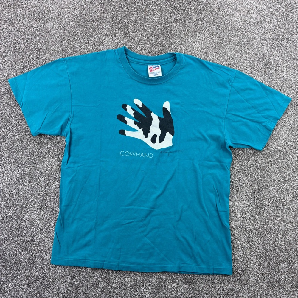 Vintage Woody Jackson Cowhand Art Shirt Mens Large Teal Blue Ben and Jerry's